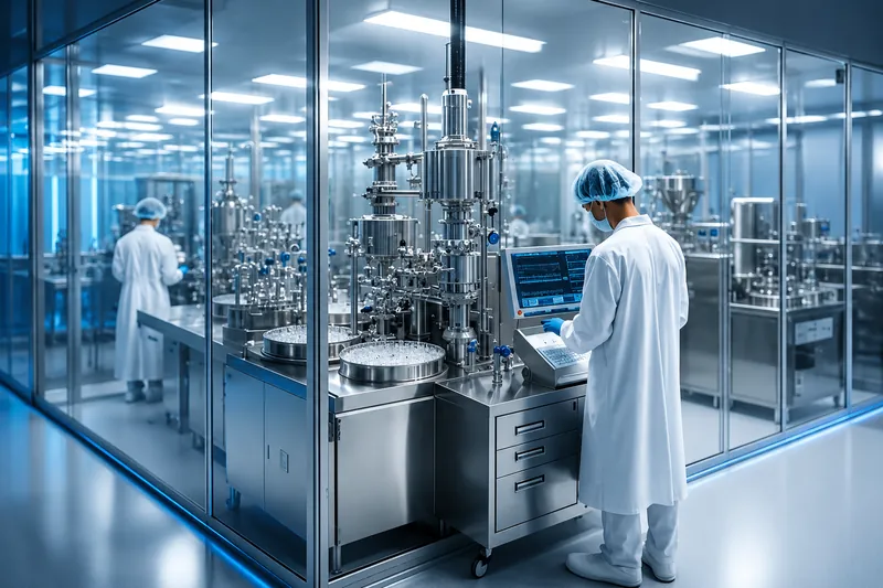 Reinraum mit Mitarbeitern in Reinraumkleidung an Produktionsanlagen