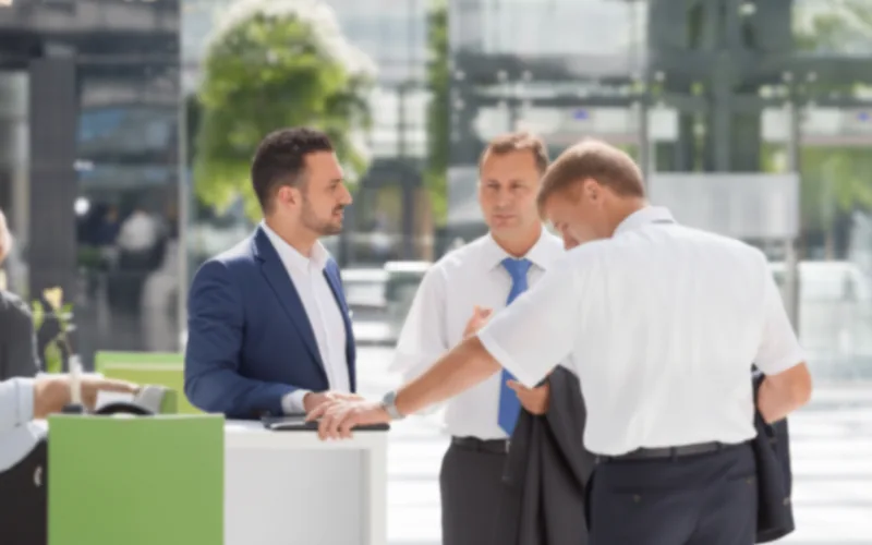 Geschäftsleute im Gespräch vor einem modernen Bürogebäude